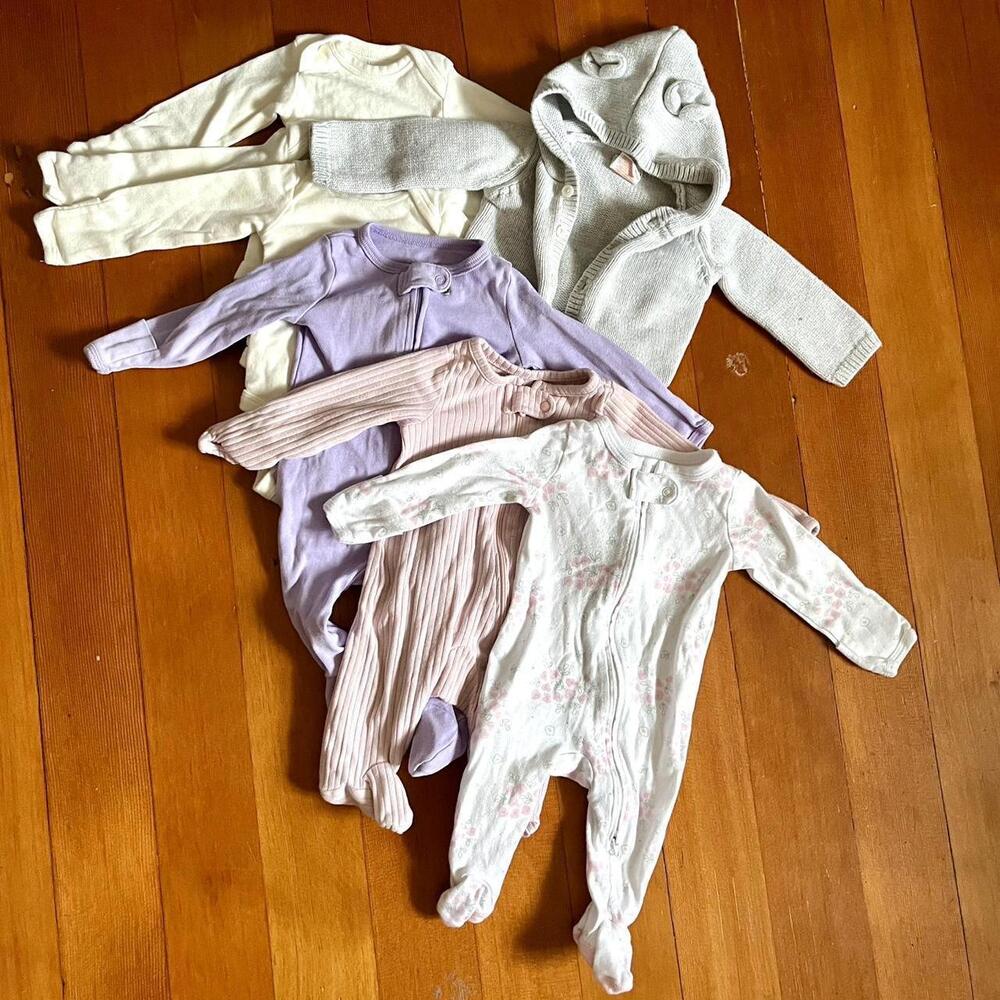 Newborn Baby Girl 3 Onesies, 3 Sleeper PJs & 1 Bear Button Sweater Bundle